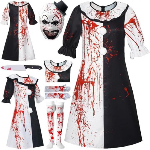 Women Dress Scary Costume - Clown Uniform Black White Dress Party Suit