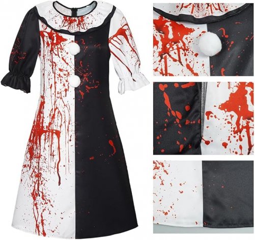 Women Dress Scary Costume - Clown Uniform Black White Dress Party Suit