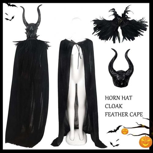 Evil Queen Horns with Feather Cape Shawl Set Black Halloween Costume for Women
