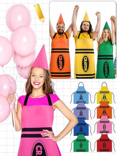 8 Set Color Crayon Apron and Funny Gnome Cone Hats for Costume Set for Adults